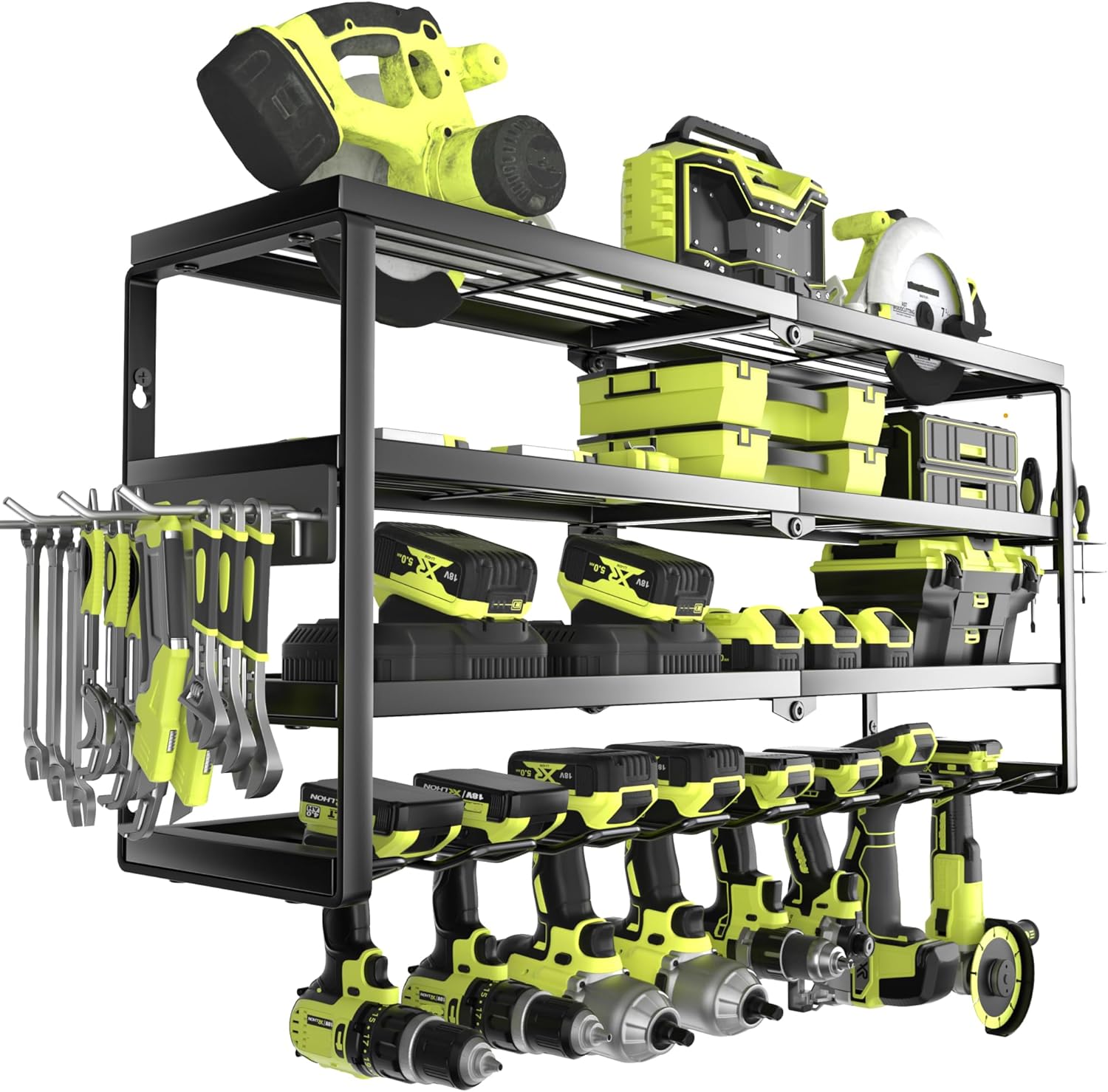 Power Tools Holder - 4-Schichtiger Wandmontierter Elektrowerkzeug-Organizer mit Ladestation, Schwerlast-Akku-Bohrmaschinenhalter